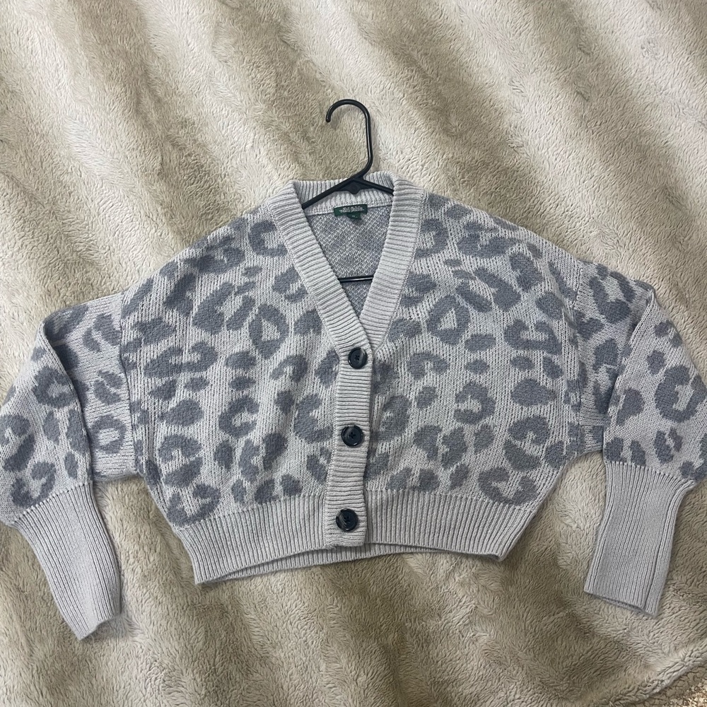 Gray Leopard Print Cardigan Sweater